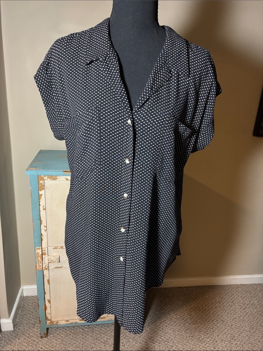 Jachs Black Button-Front Short-Sleeve Blouse with White Dot Print